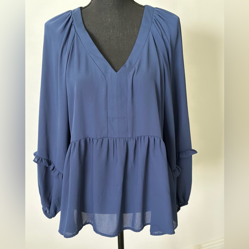 Counterparts Gray Blue V-Neck Bishop Sleeve Blouse